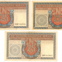 Nederland 3x 25 gulden Bankbiljet Type 1949 Salomo - Zeer Fraai