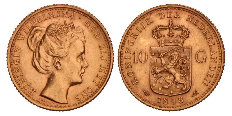 10 Gulden goud Wilhelmina 1898. Prachtig / FDC.