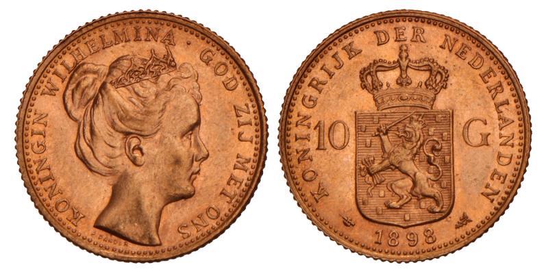 10 Gulden goud Wilhelmina 1898. Prachtig +.