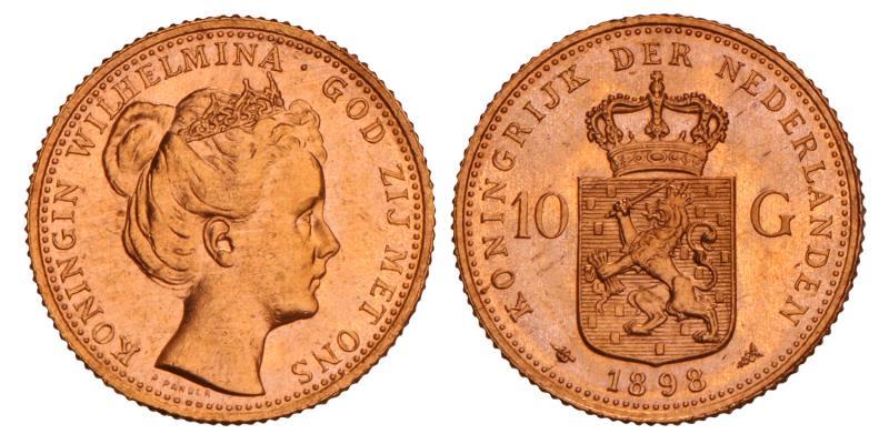 10 Gulden goud Wilhelmina 1898. Prachtig +.