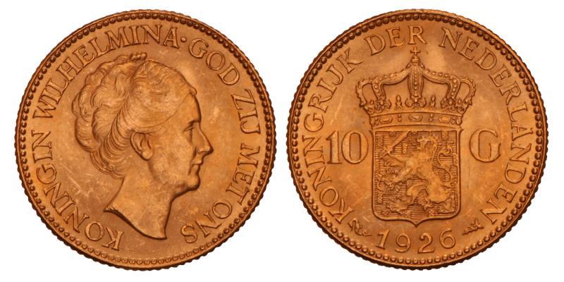 10 Gulden goud Wilhelmina 1926. FDC.