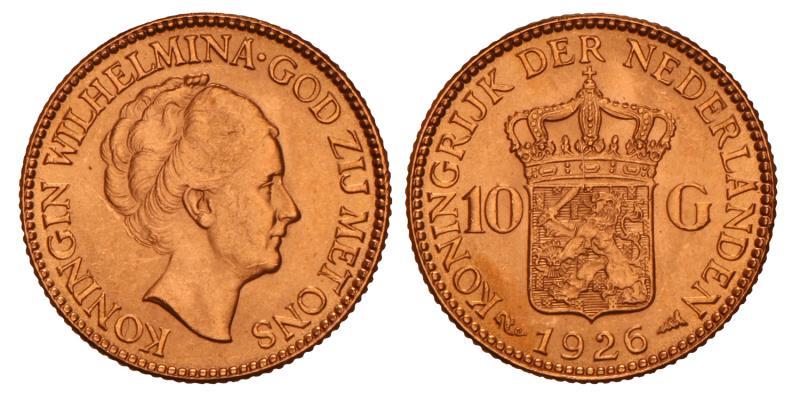 10 Gulden goud Wilhelmina 1926. FDC.