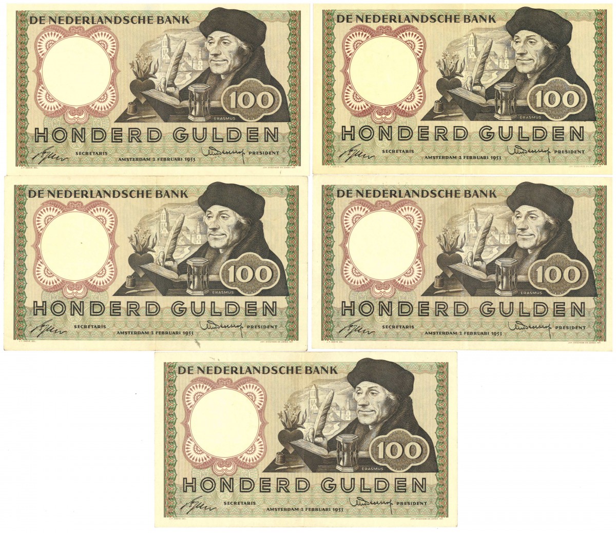 Nederland 5x 100 gulden Bankbiljet Type 1953 Erasmus - Zeer Fraai +