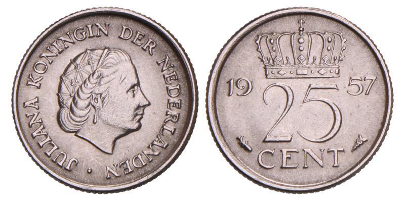 25 Cent Juliana 1957 muntslag 45% uit het lood. Prachtig.