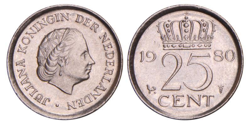 25 Cent Juliana 1980 licht excentrisch geslagen.