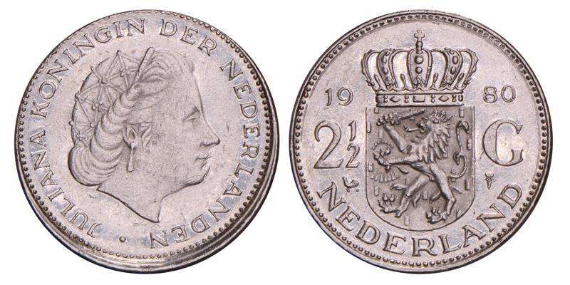 2½ Gulden Juliana 1980 excentrisch geslagen.