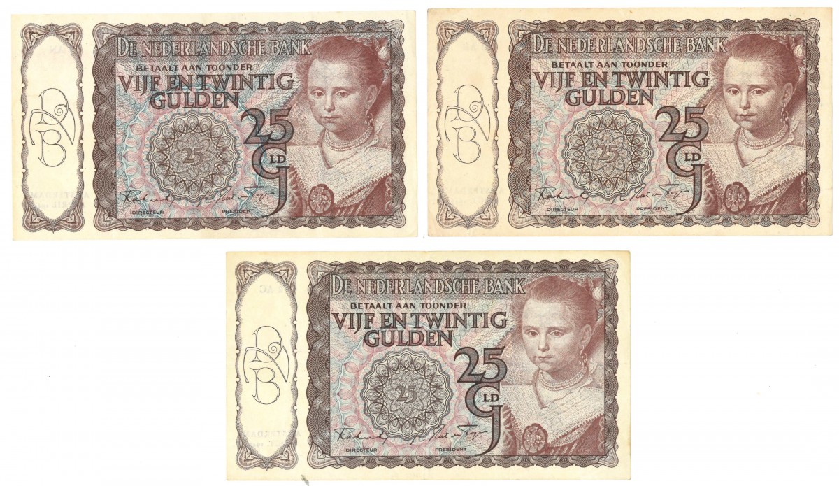 Nederland 3x 25 gulden Bankbiljet Type 1943 I Prinsesje -Zeer Fraai