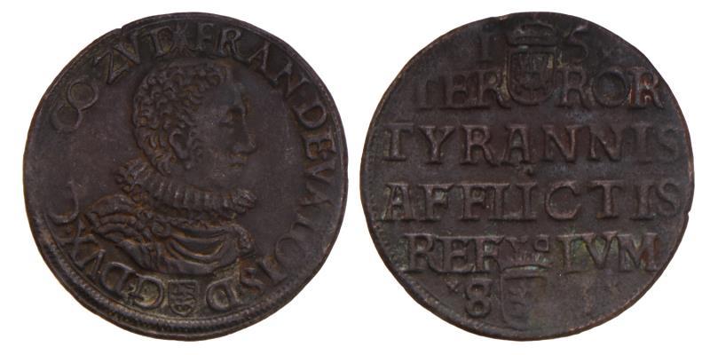 Nederland. 158?. Rekenpenning. Gelderland aanvaardt de regering van de hertog van Anjou. Fran. de Valois Dux Gel Co. Zvt.