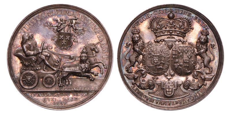 Nederland. 1737. Inhuldiging van prins en prinses van Oranje als heer en vrouwe van Breda. Door N. v. Swinderen. Vvl. 117.