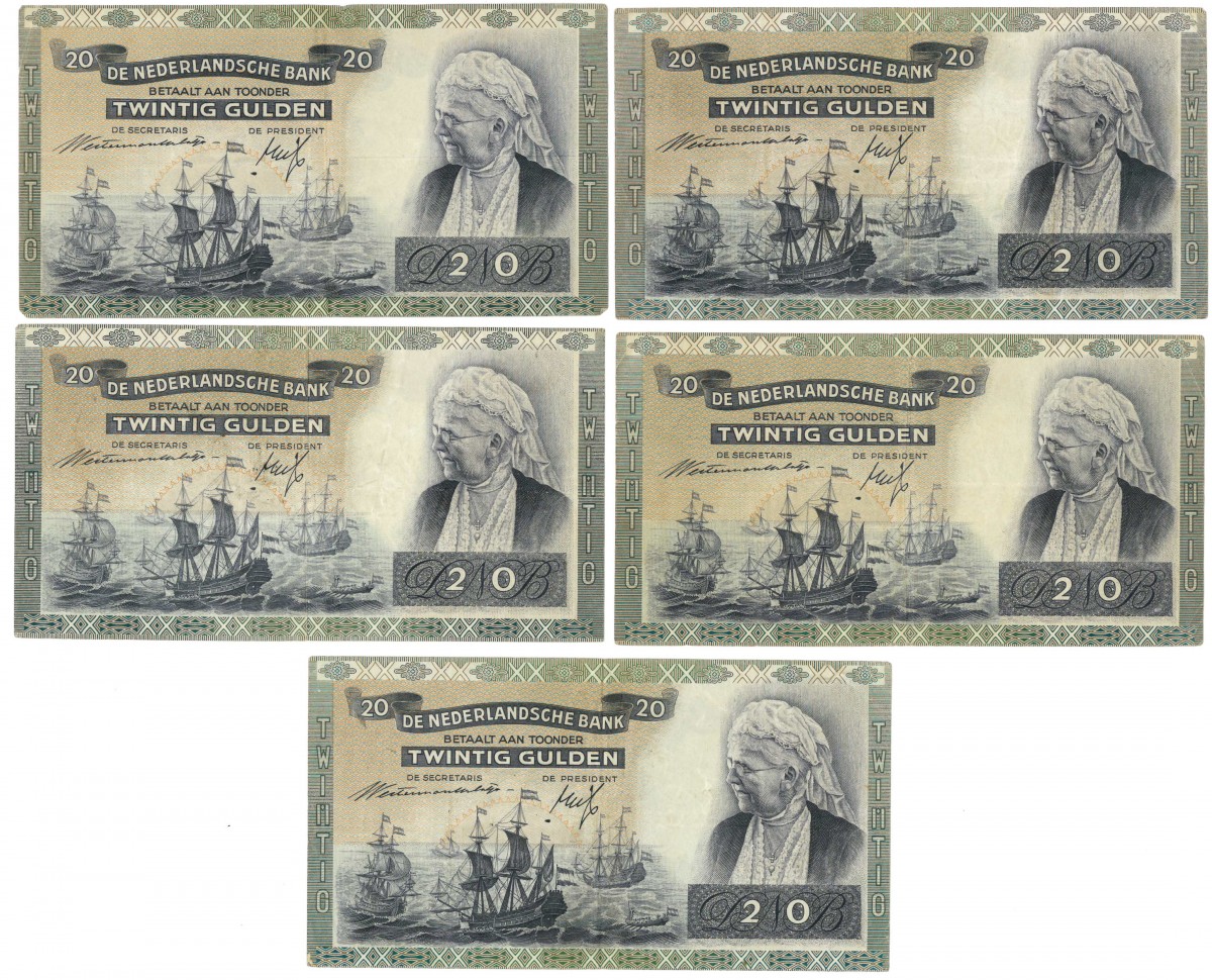Nederland 5x 20 gulden Bankbiljet Type 1939 Emma - Zeer Fraai -