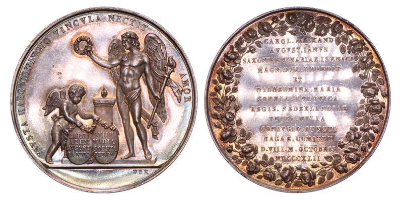 Nederland. 1842. Huwelijk prinses Wilhelmina Sophia met Karel Alexander van Saksen. Door D. van der Kellen. Dirks 605.