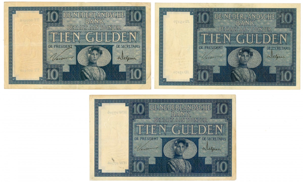 Nederland 3x 10 gulden Bankbiljet Type 1924 Zeeuws Meisje - Zeer Fraai -