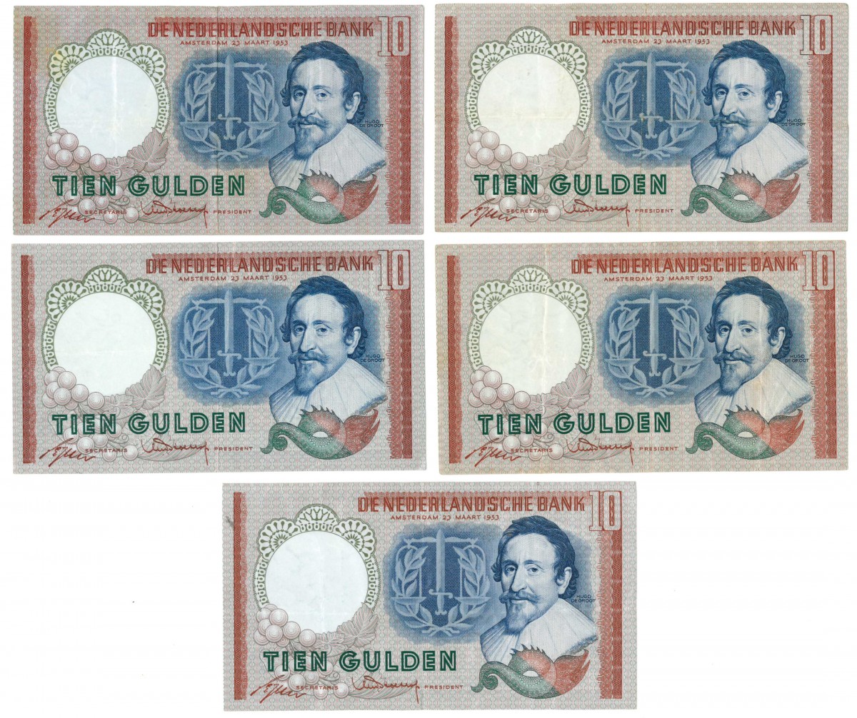 Nederland 5x 10 gulden Bankbiljet Type 1953 Hugo de Groot - Zeer Fraai