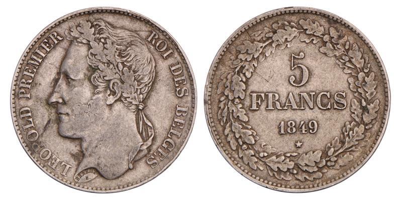 Belgium. Leopold I. 5 Francs. 1849.