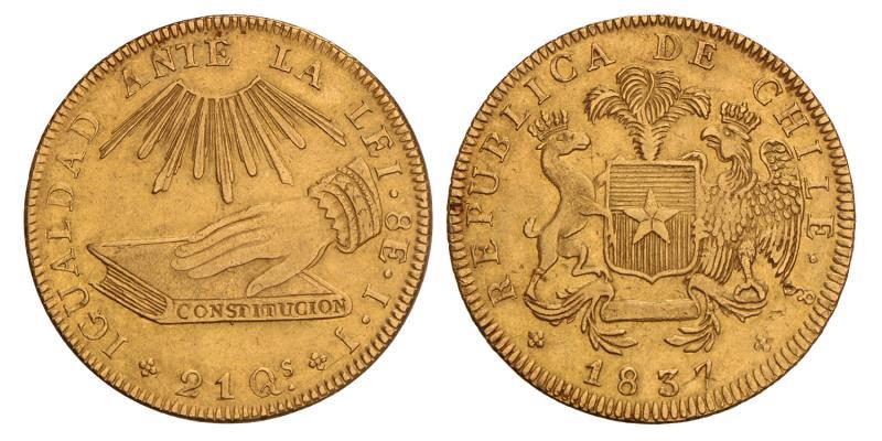 Chile. Republic. 8 Escudos. 1837 I.J. Oplage 17.000.