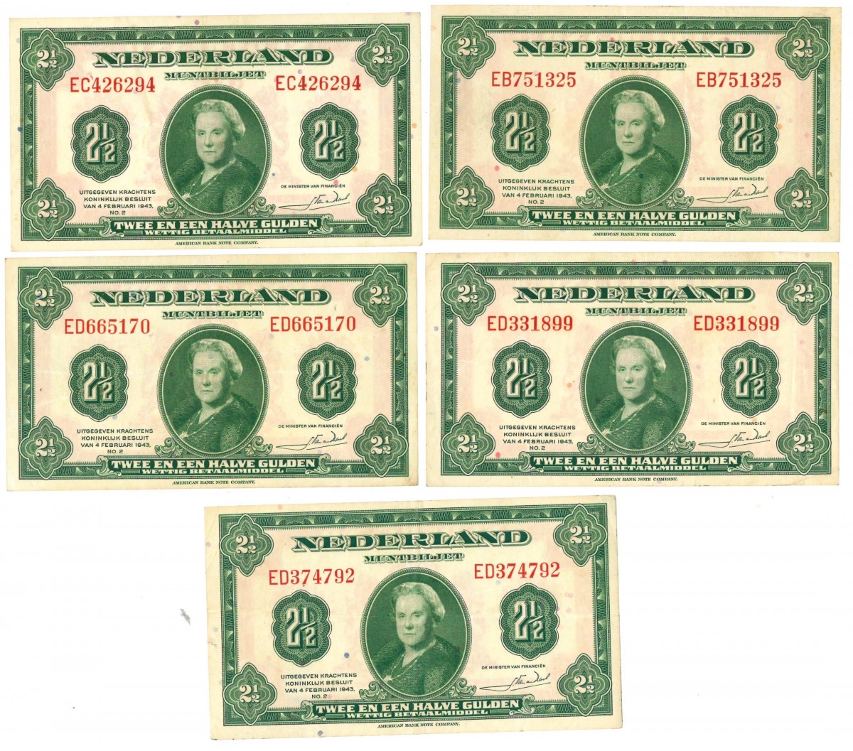 Nederland 5x 2½ gulden Muntbiljet Type 1943 Wilhelmina I - Zeer Fraai