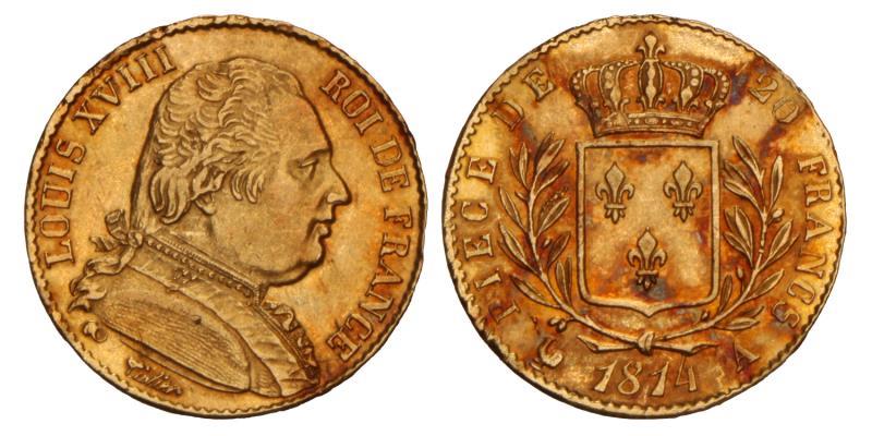 France. Louis XVIII. 20 Francs. 1814 A.