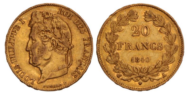 France. Louis Philippe. 20 Francs. 1840 A.