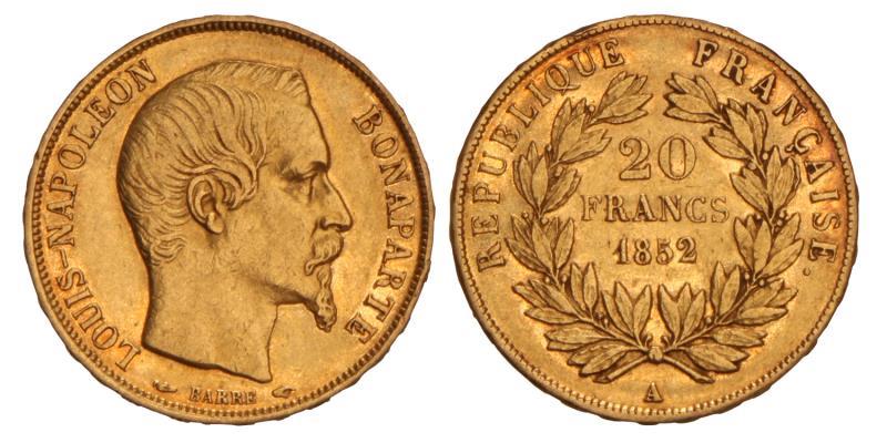 France. Napoleon. 20 Francs. 1852 A.