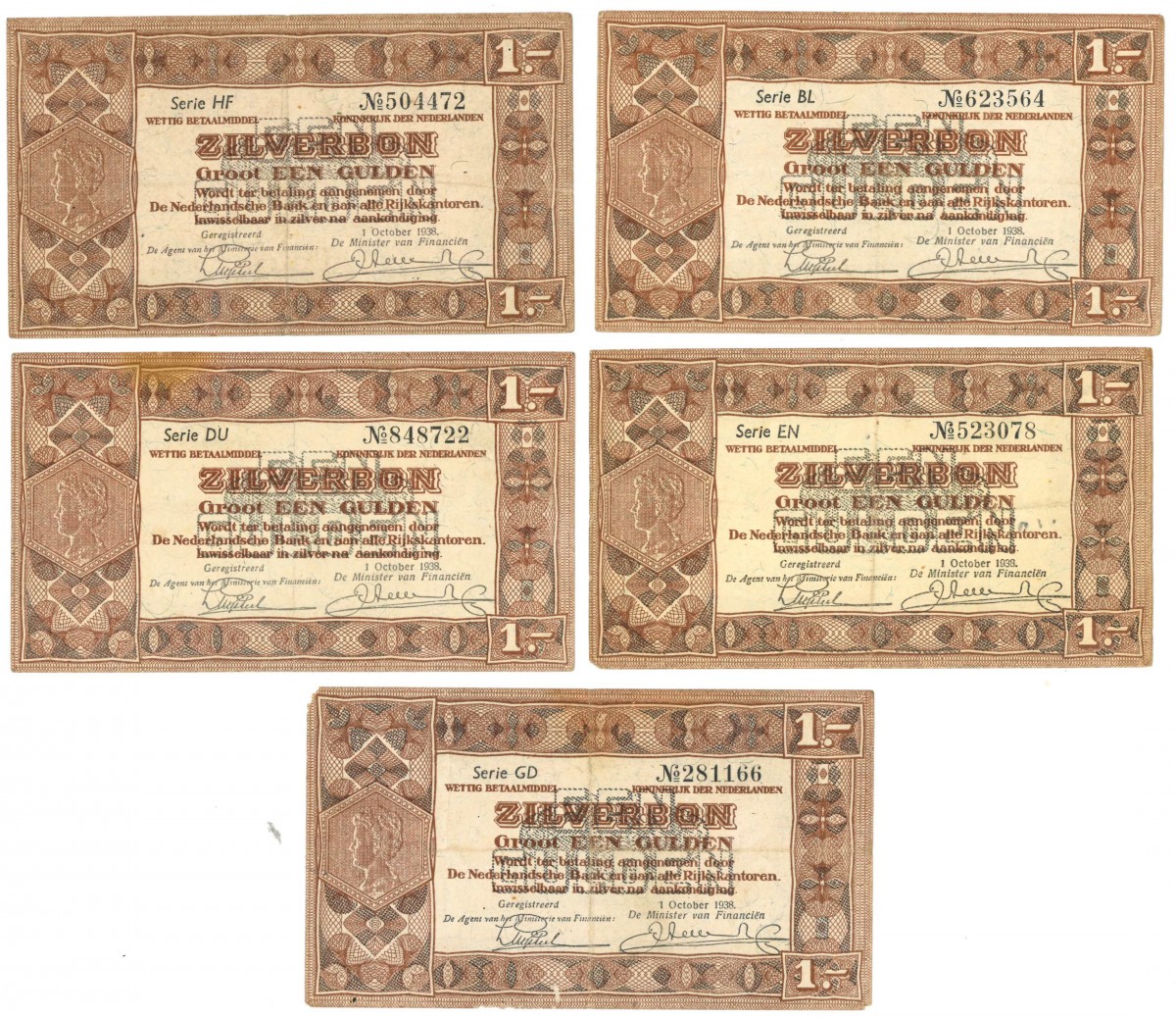 Nederland 5x 1 gulden Zilverbon Type 1938 - Zeer Fraai