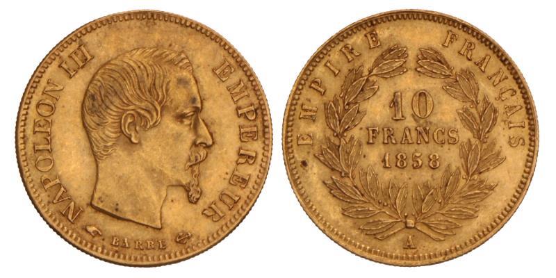 France. Napoleon III. 10 Francs. 1858 A.