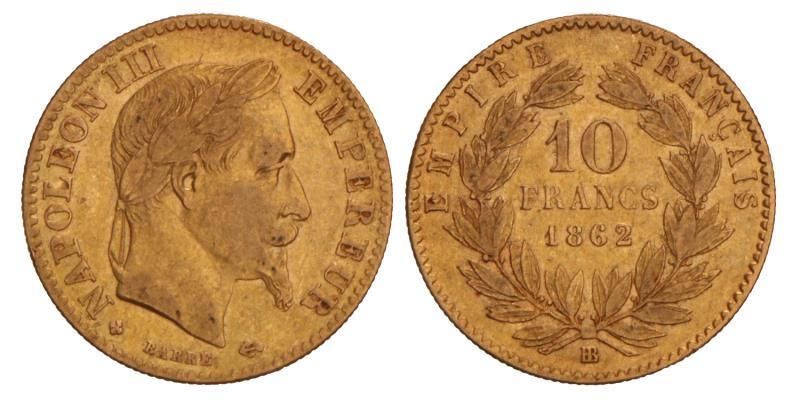 France. Napoleon III. 10 Francs. 1862 BB.
