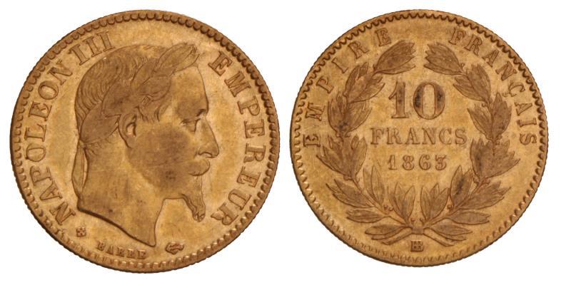 France. Napoleon III. 10 Francs. 1863 BB.
