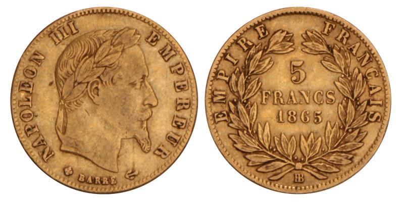 France. Napoleon III. 5 Francs. 1865 BB.