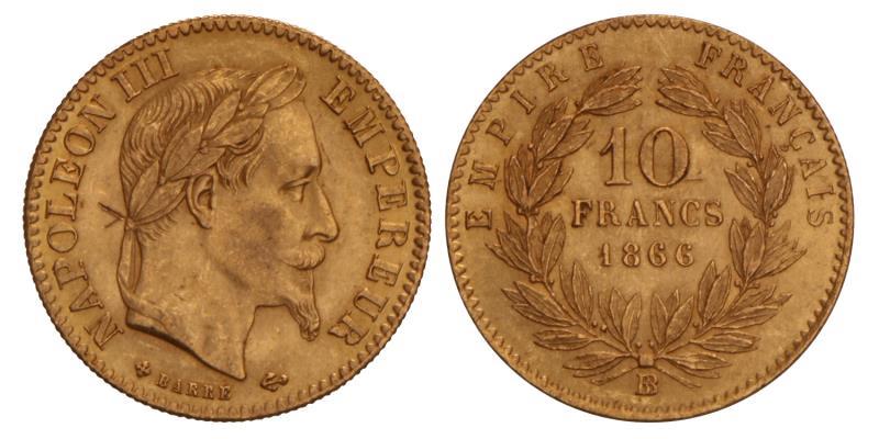 France. Napoleon III. 10 Francs. 1866 BB.