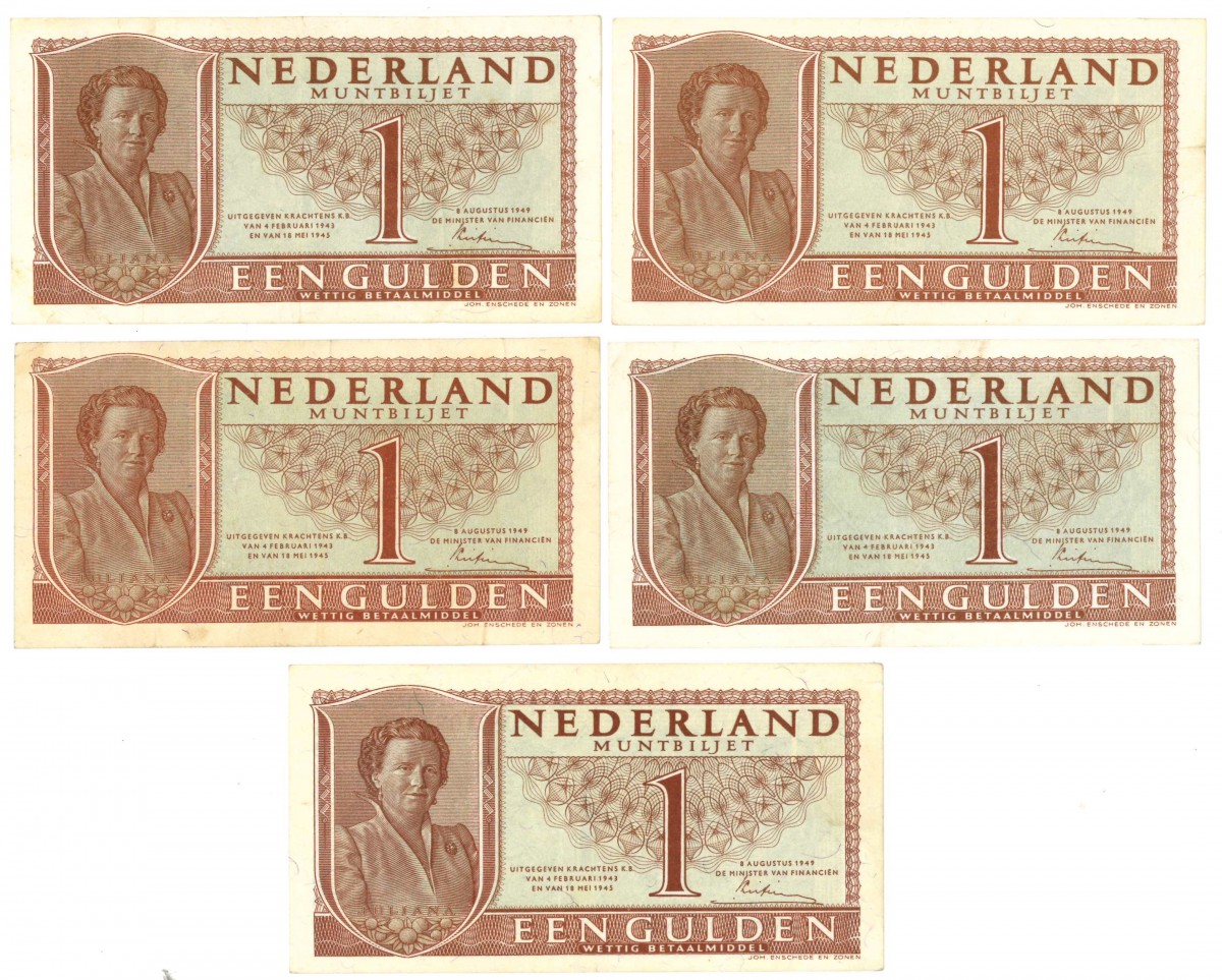 Nederland 5x 1 gulden Muntbiljet Type 1949 Juliana - Zeer Fraai +