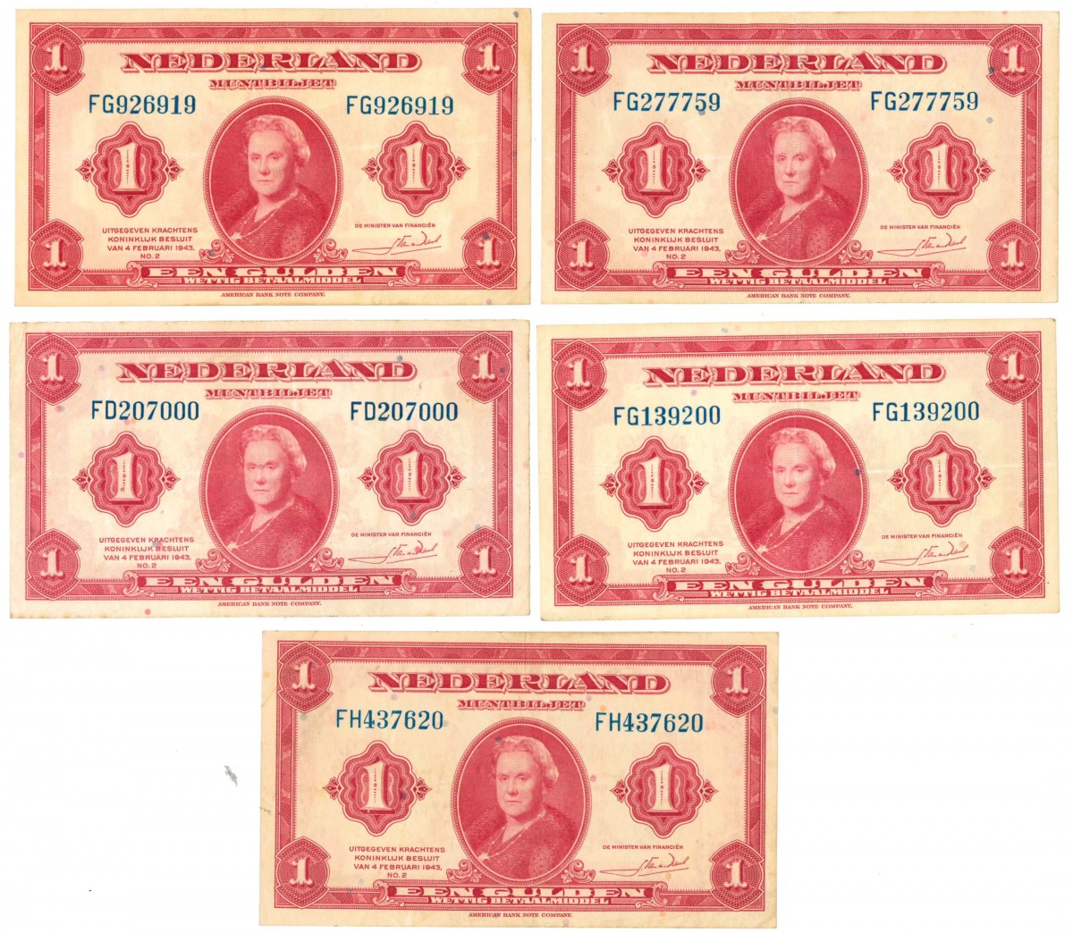 Nederland 5x 1 gulden Muntbiljet Type 1943 Wilhelmina I - Zeer Fraai