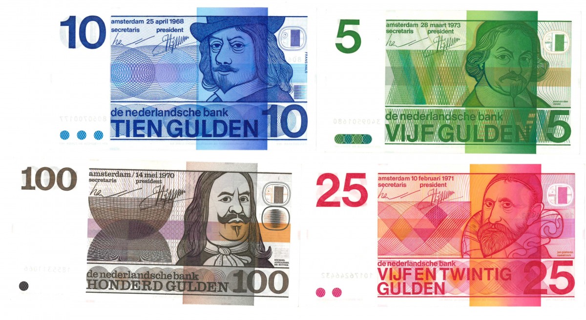 Nederland 5/10/25/100 gulden Bankbiljet Type 1968-1973 Vondel/Frans Hals/Sweelinck/De Ruyter - Zeer Fraai +.