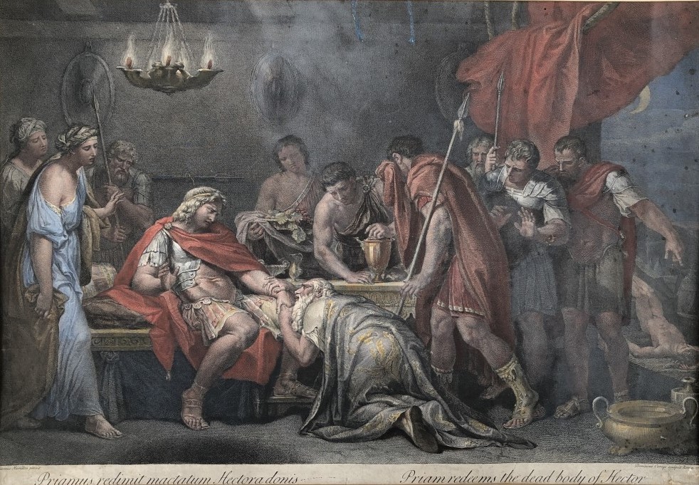 Domenico Cunego (1724/25 – 8 January 1803), Priamus verzoekt tot het inwisselen van het lichaam van Hector, naar Gavin Hamilton (Verenigd Koninkrijk 1723 - 1798 Italië), handgekleurde gravure op papier, Rome, 1775.