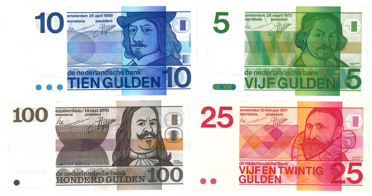 Nederland 5/10/25/100 gulden Bankbiljet Type 1968-1973 Vondel/Frans Hals/Sweelinck/De Ruyter - Zeer Fraai +.