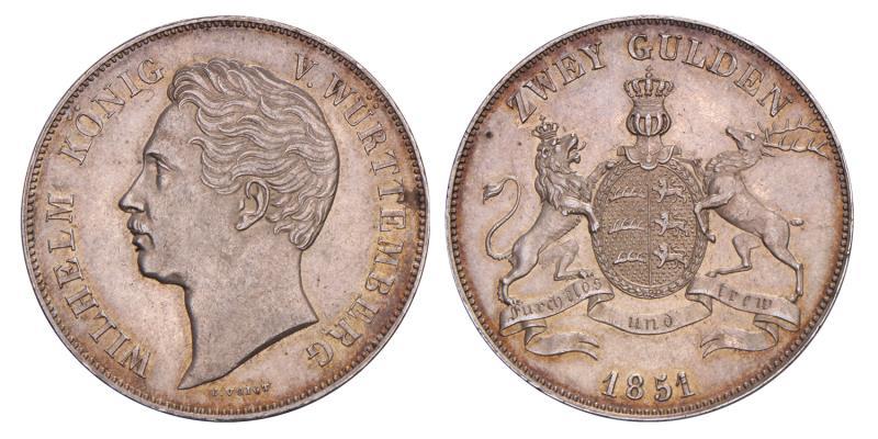 Germany. Wurttemberg. Wilhelm. 2 Gulden. 1851.