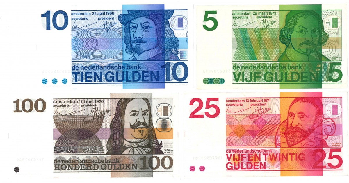 Nederland 5/10/25/100 gulden Bankbiljet Type 1968-1973 Vondel/Frans Hals/Sweelinck/De Ruyter - Zeer Fraai +.