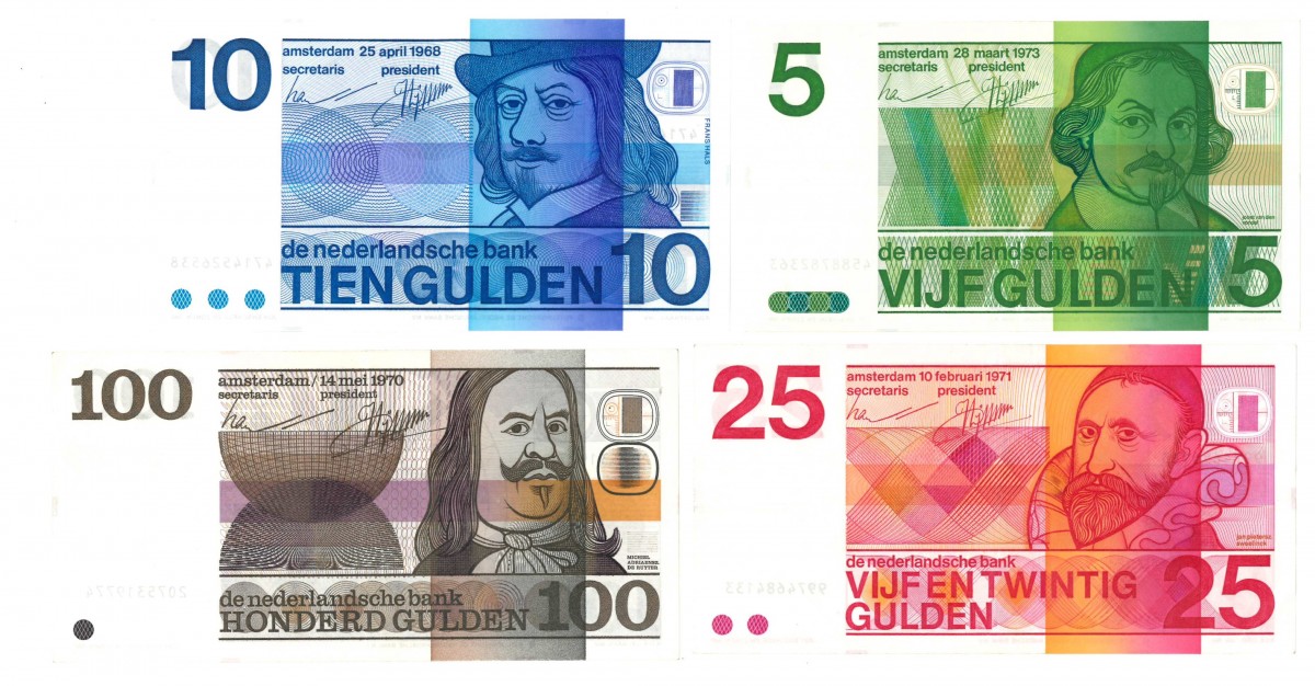 Nederland 5/10/25/100 gulden Bankbiljet Type 1968-1973 Vondel/Frans Hals/Sweelinck/De Ruyter - Zeer Fraai +.
