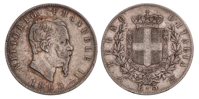 Italy. Victor Emanuele II. 5 Lire. 1865 B BN.