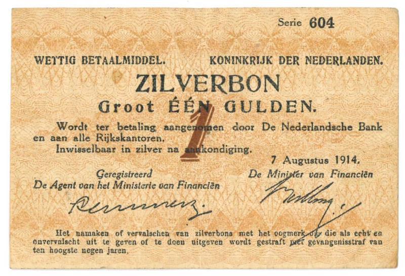 Nederland. 1 gulden. Zilverbon. Type 1914. - Zeer Fraai +.