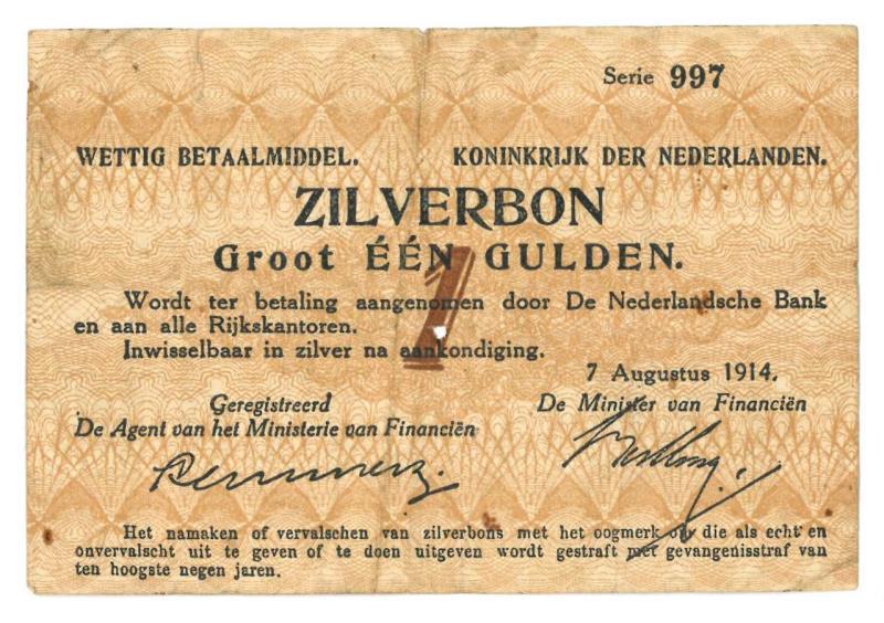 Nederland. 1 gulden. Zilverbon. Type 1914. - Fraai.