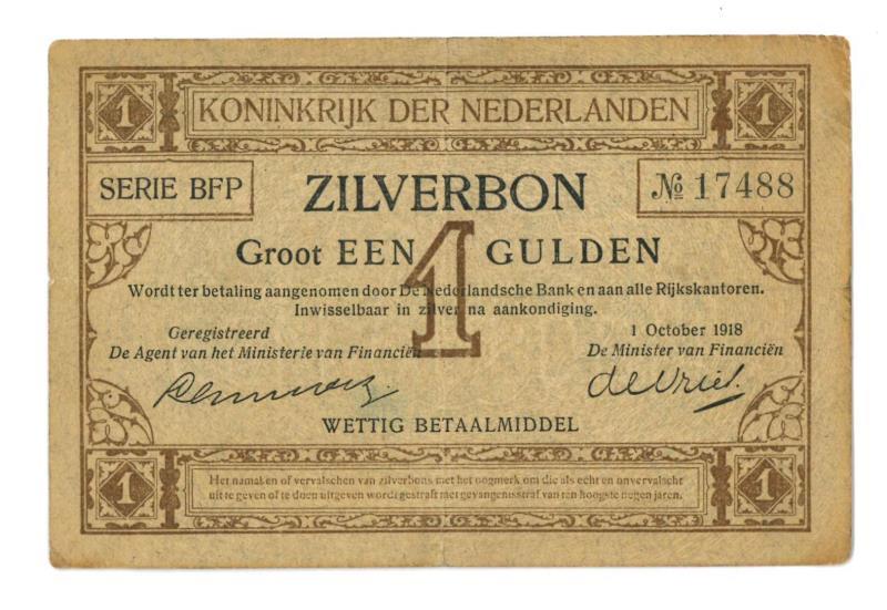 Nederland. 1 gulden. Zilverbon. Type 1918. - Zeer Fraai -.