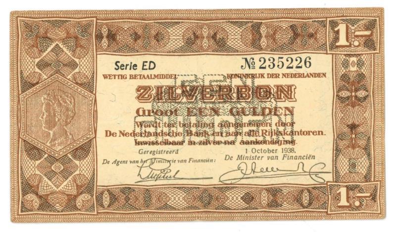 Nederland. 1 gulden. Zilverbon. Type 1938. - Zeer Fraai +.