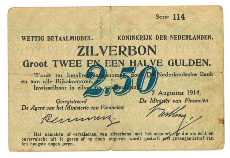 Nederland. 2½ gulden. Zilverbon. Type 1914. - Zeer Fraai.
