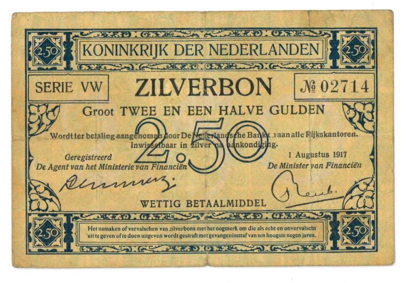 Nederland. 2½ gulden. Zilverbon. Type 1915. - Zeer Fraai.