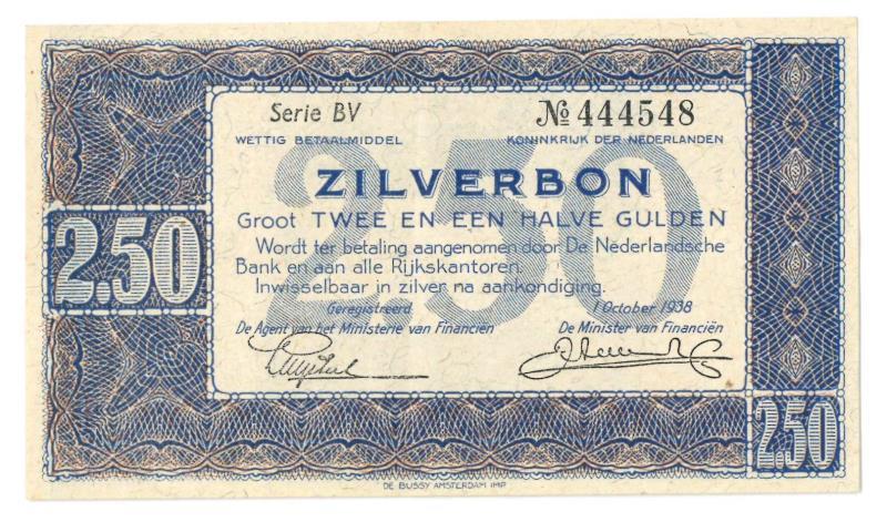 Nederland. 2½ gulden. Zilverbon. Type 1938. - Zeer Fraai / Prachtig.