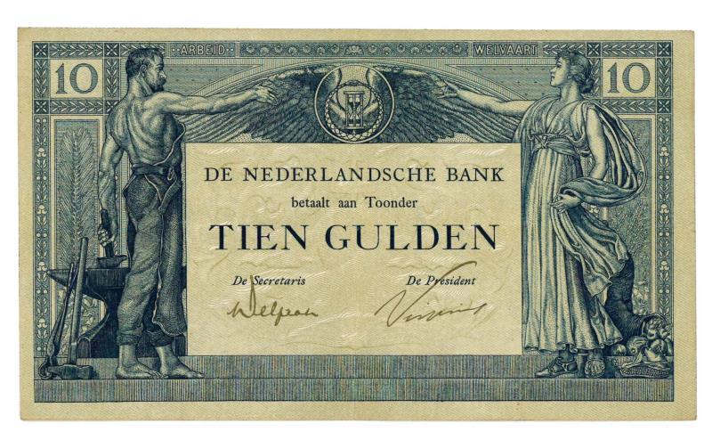 Nederland. 10 gulden. Bankbiljet. Type 1921. Arbeid en Welvaart - Prachtig.