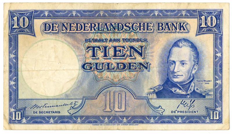 Nederland. 10 gulden. Bankbiljet. Type 1945II. Koning Willem I - Zeer Fraai.