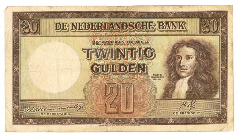 Nederland. 20 gulden. Bankbiljet. Type 1945. Stadhouder Willem III - Zeer Fraai.
