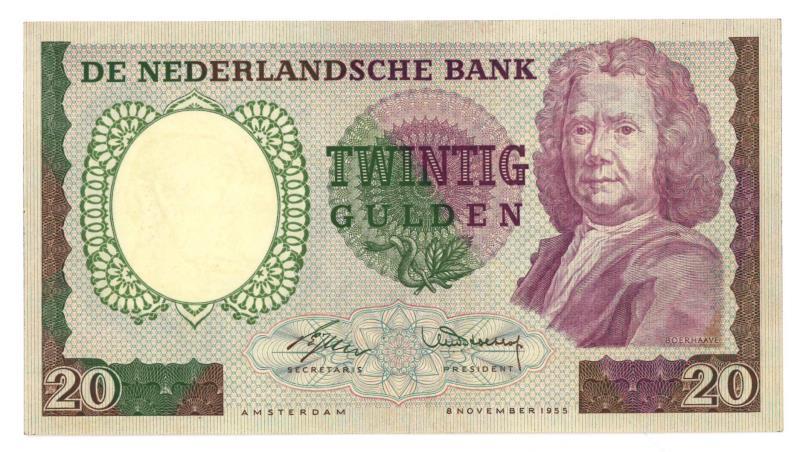 Nederland. 20 gulden. Bankbiljet. Type 1955. Boerhaave - Prachtig +.