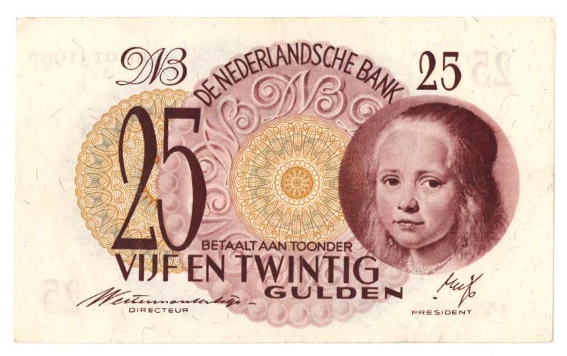 Nederland. 25 gulden. Bankbiljet. Type 1945. Meisje in blauw - Zeer Fraai.